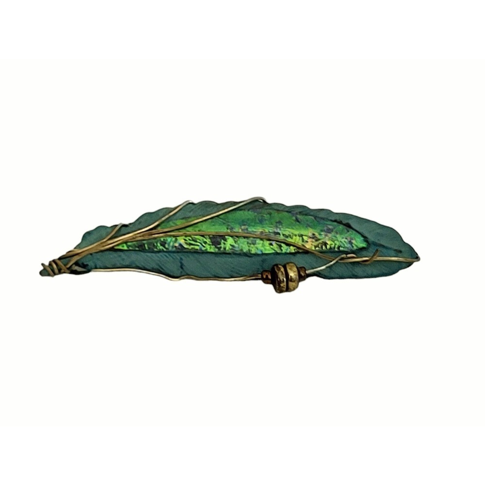 Artisan Handmade Metallic Leaf Brooch Pin Gold Wire Wrapped Beaded Plants 2.25"